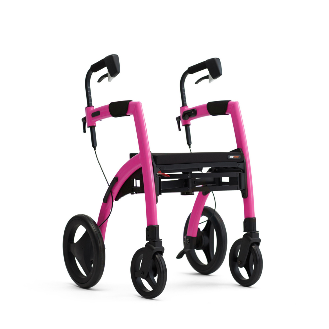 The Rollz Motion 2-in-1 Rollator Walker and Wheelchair features a modern bright pink frame, four black wheels, ergonomic black handles, and a black seat. Enjoy versatile mobility assistance with its convenient rollator and wheelchair combo design.